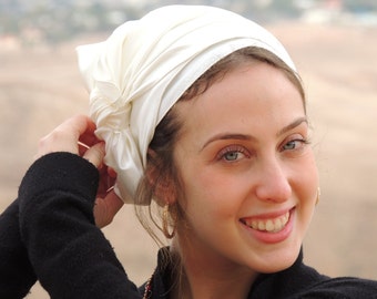 Weißer gestreckter Satin Turban Sinar Tichel, Haarschal, Kopftuch, Kopfbedeckung, Jüdische Kopfbedeckung, Schal, Schürze