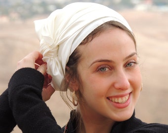 White Stretched Satin Turban Sinar Tichel, Hair Snood, Head Scarf, Head Covering, Jewish Headcovering, Scarf, Apron