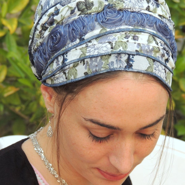 Special Blue Floral SCARF TICHEL,Hair Snood, Head Scarf,Head Covering,jewish headcovering,Scarf,Bandana,apron