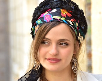 ADORA Black Floral Headband Tichel ,Bandana, Snood, Head Scarf, Head Covering, Jewish Head Covering, Scarf, Bandana, Apron, Chemo, Israeli