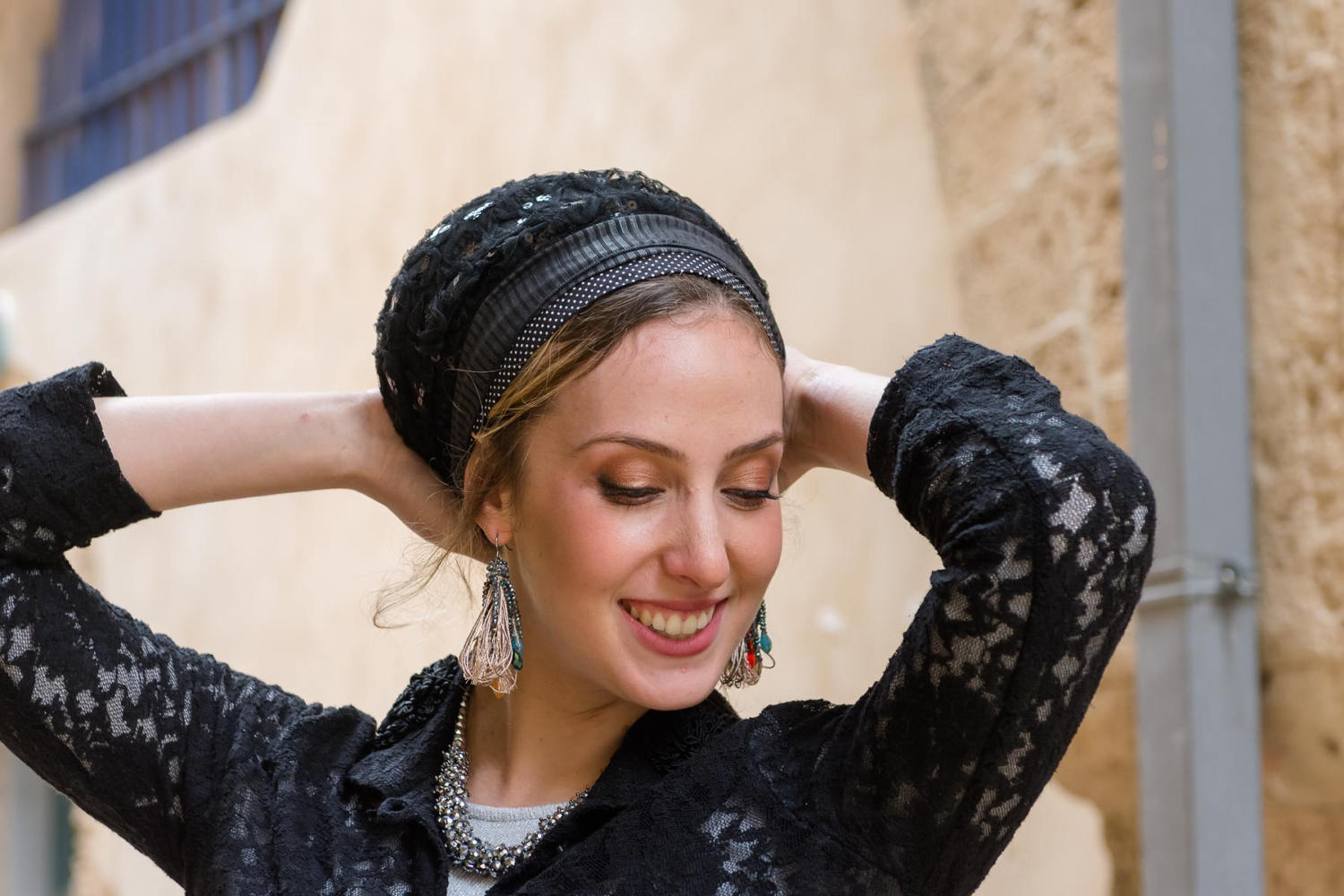 Lovely Royal Black Laces Handmade Mitpachat Head Covering-Scarf-Tichel Headband 31. Black Lux Floral Stone Embellished Knot Headband main image 3