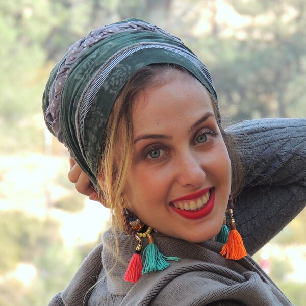 Awesome Green Boho Sinar Tichel, Hair Snood, Head Scarf, Head Covering,jewish headcovering, Scarf, Bandana, apron