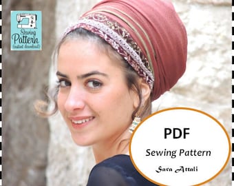 Padrão de lenço de cabeça enrolado Como costurar seu cabelo Tichel Snood Head Covering PDF PADRÃO e tutorial Download instantâneo Avental de cobertura de cabeça judaico