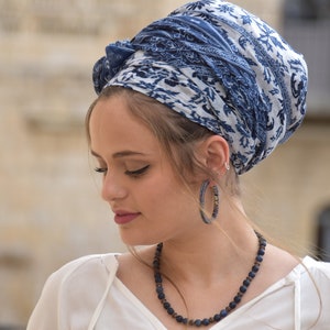 Amazing Soft Blue White Headscarf TICHEL, Hair Snood, Head Scarf, Head Covering, Jewish headcovering, Scarf, Bandana, Apron image 3