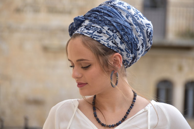 Amazing Soft Blue White Headscarf TICHEL, Hair Snood, Head Scarf, Head Covering, Jewish headcovering, Scarf, Bandana, Apron image 3