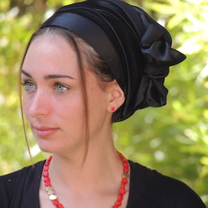 Black Stretched Satin Turban Sinar Tichel, Hair Snood, Head Scarf, Head Covering, Jewish Headcovering, Scarf, Apron