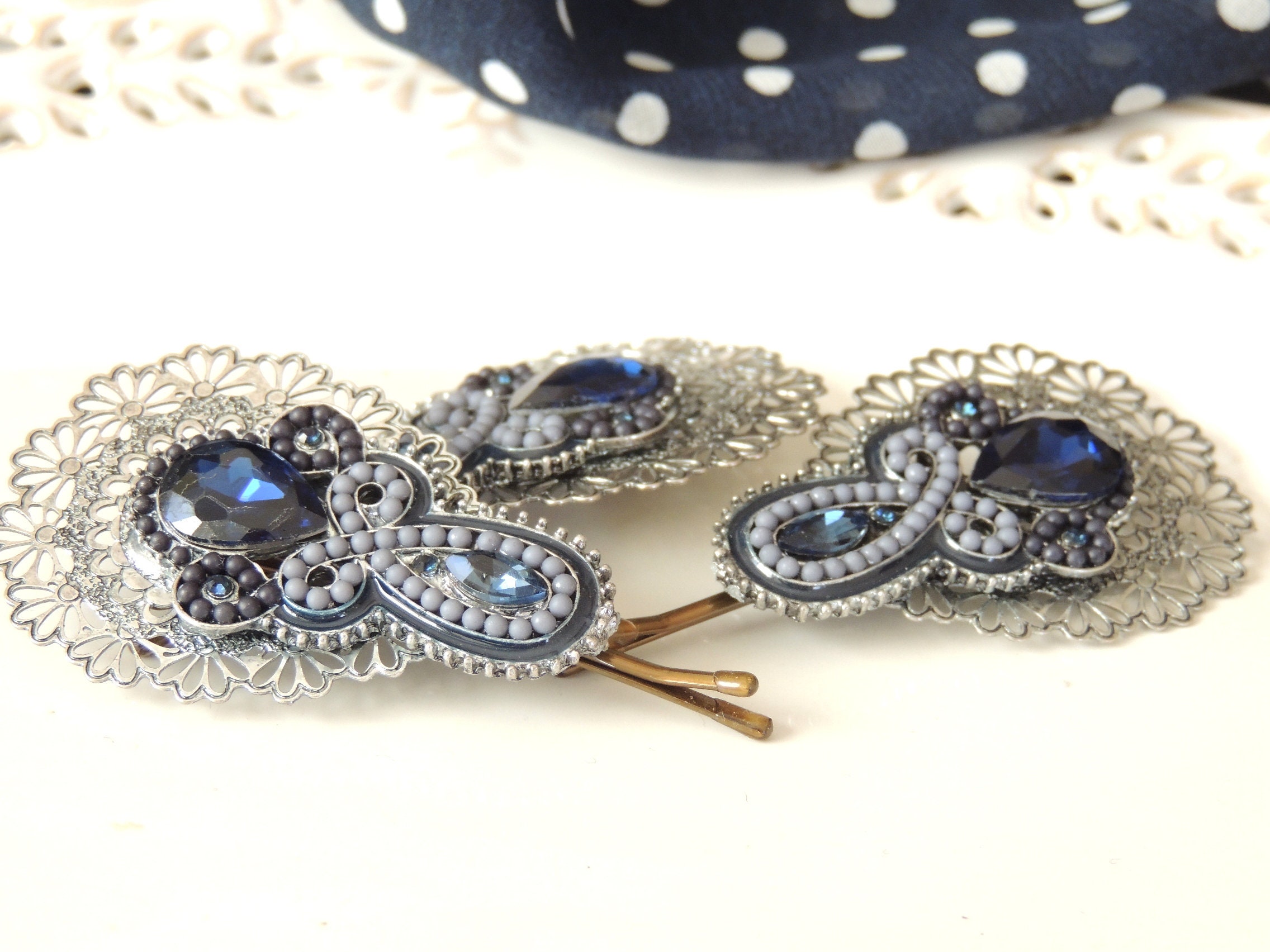 Stately Silver Blue Color Hair Pin Handmade by Sara Attali for Etsy UK