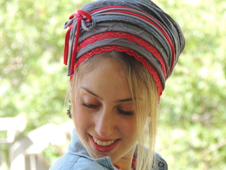 Fabulous Grey Red Tichel, Hair Snood, Head Scarf, Head Covering, Jewish Headcovering, Scarf, Bandana, Apron image 2