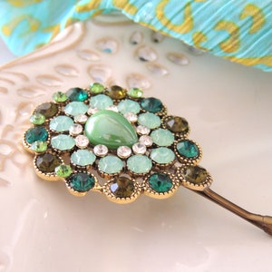 Grüne Vintage Haarnadel, glänzende grüne Steine Haarspange, Gold Haarnadel, Vintage Pin Bobby Pins, Vintage Haarspange, Braut Haarspange