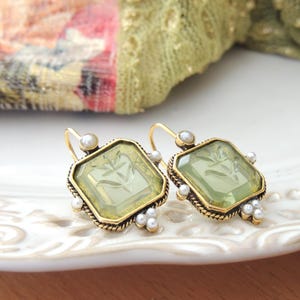 Antique Green Square Stone, Vintage Green Dangle Earrings, Vintage Old Style Hanging Earrings for special occasion, Designer Earrings