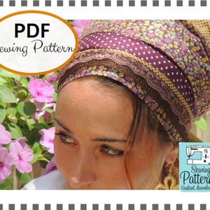 May include: A PDF sewing pattern for a head wrap. The wrap is made of brown, purple and white fabric with a floral print and polka dots. The wrap is tied around a woman's head and has a brown lace trim.