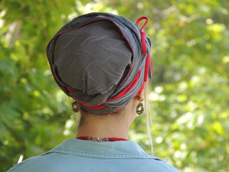 Fabulous Grey Red Tichel, Hair Snood, Head Scarf, Head Covering, Jewish Headcovering, Scarf, Bandana, Apron image 3