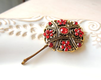 Red Vintage Antique Style Hair Pin, Bridal Hairpin, Jewelry, Hair Clip, Hair pin, Amazing Pin with Red Stones, Bobby Pins