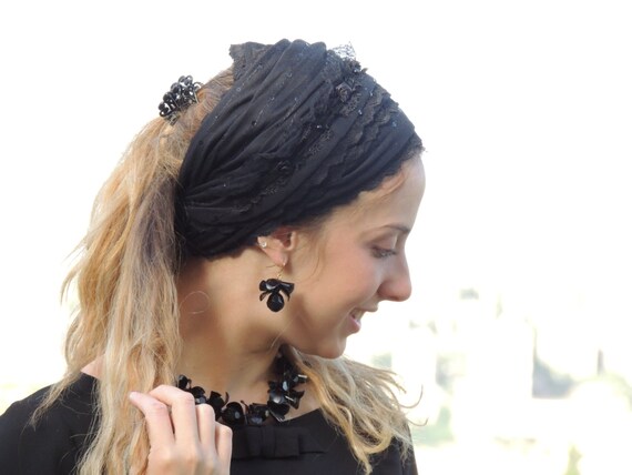 Lovely Royal Black Laces Handmade Mitpachat Head Covering-Scarf-Tichel Headband m_68ab99e2a95105a941775f9f.jpg main image 2