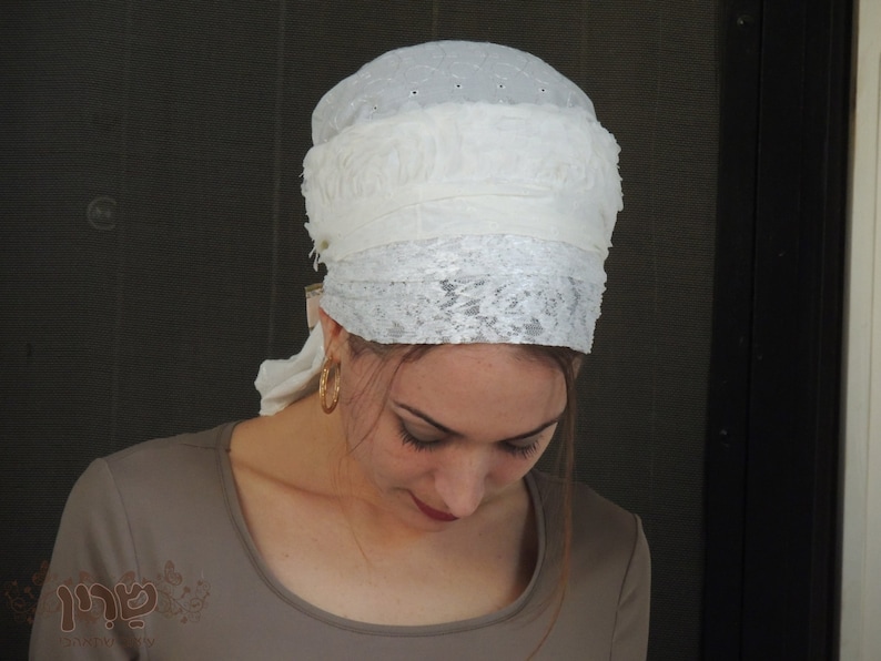 White Shabbat Sinar Tichel, Hair Snood, Head Scarf, Head Covering, Jewish Headcovering, Scarf, Bandana, Apron image 4