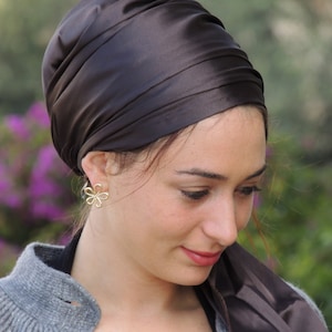 Deep Brown Stretched Satin Turban Sinar Tichel, Hair Snood, Head Scarf, Head Covering, Jewish Headcovering, Scarf, Apron