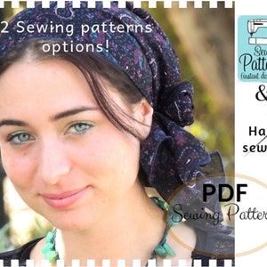 May include: A woman wearing a dark blue and purple patterned headscarf with a turquoise necklace. The image includes the text "2 Sewing patterns options!" and "PDF Sewing Pattern".