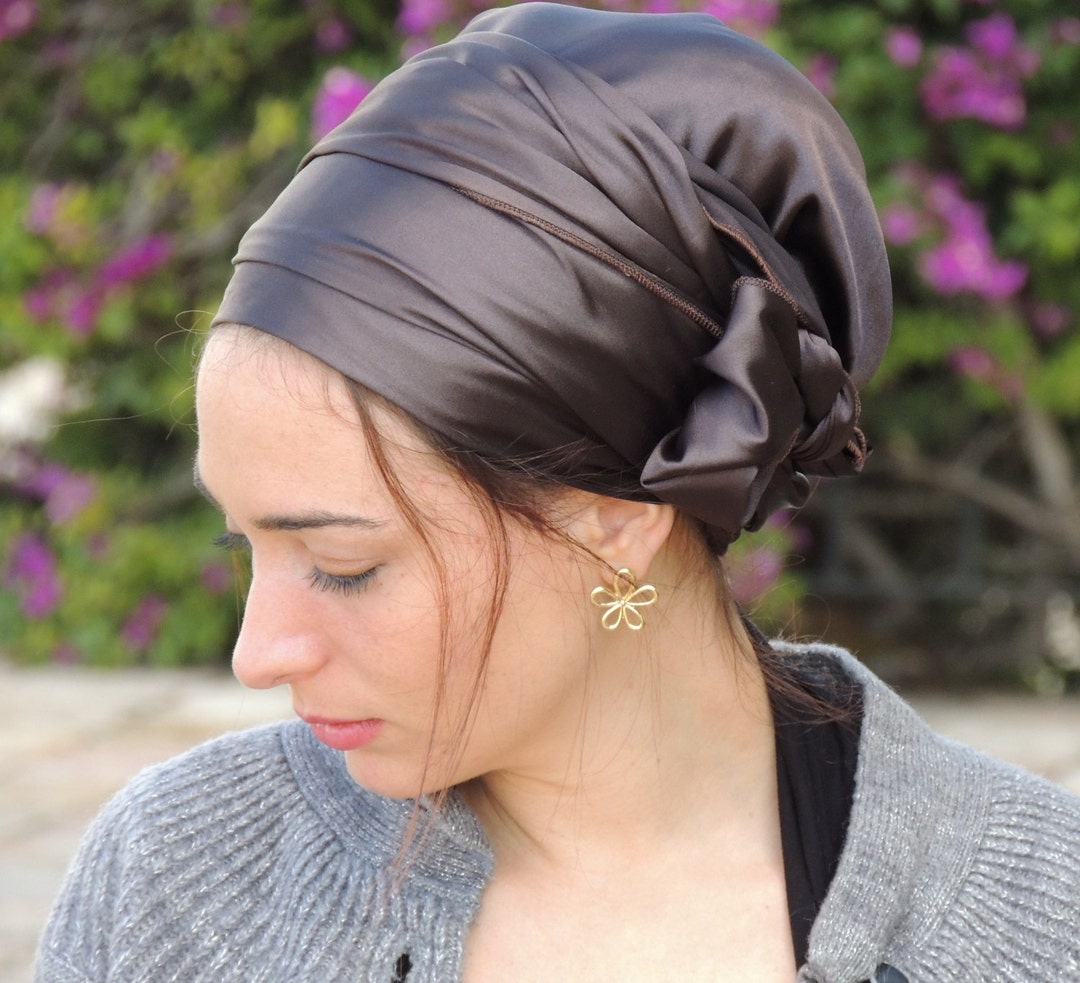Deep Brown Stretched Satin Turban Sinar Tichel, Hair Snood, Head