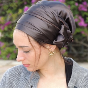 Deep Brown Stretched Satin Turban Sinar Tichel, Hair Snood, Head Scarf, Head Covering, Jewish Headcovering, Scarf, Apron