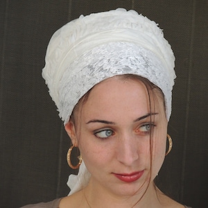 White Shabbat Sinar Tichel, Hair Snood, Head Scarf, Head Covering, Jewish Headcovering, Scarf, Bandana, Apron image 5