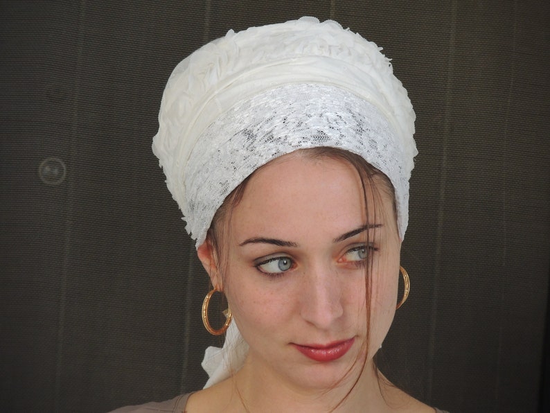 White Shabbat Sinar Tichel, Hair Snood, Head Scarf, Head Covering, Jewish Headcovering, Scarf, Bandana, Apron image 5