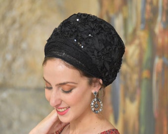 Winsome All Black Sparkling Tichel, Hair Snood, Head Scarf, Head Covering, Jewish Headcovering, Scarf, Bandana, Apron