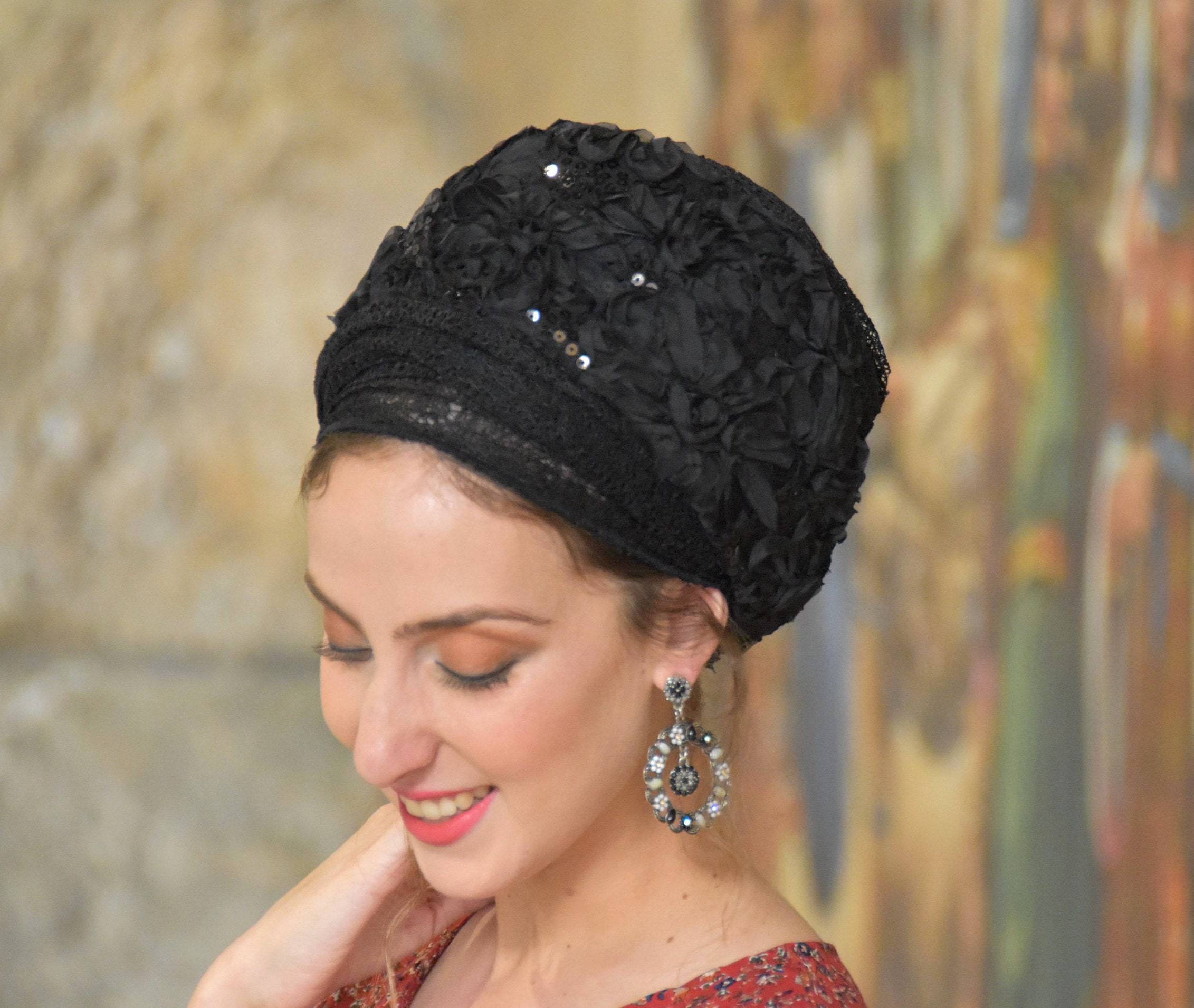 Winsome All Black Sparkling Tichel, Hair Snood, Head Scarf
