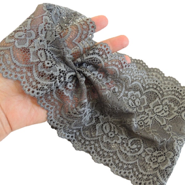 Stunning Grey Stretchy Lace Headband, Bandana, Tichel, Vintage Headband, Hippie headband , Pre-tied, loss Hair, Yoga, Elastic Headband