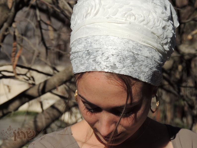 White Shabbat Sinar Tichel, Hair Snood, Head Scarf, Head Covering, Jewish Headcovering, Scarf, Bandana, Apron image 2