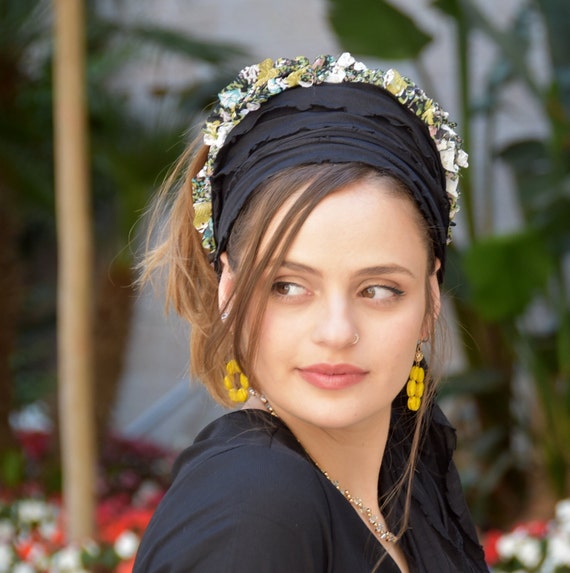 Lovely Black & Green Lace Handmade Mitpachat Head Covering-Scarf-Tichel Headband BOHO CHIC | Accessories | Lovely Black Green Lace Handmade  main image 2