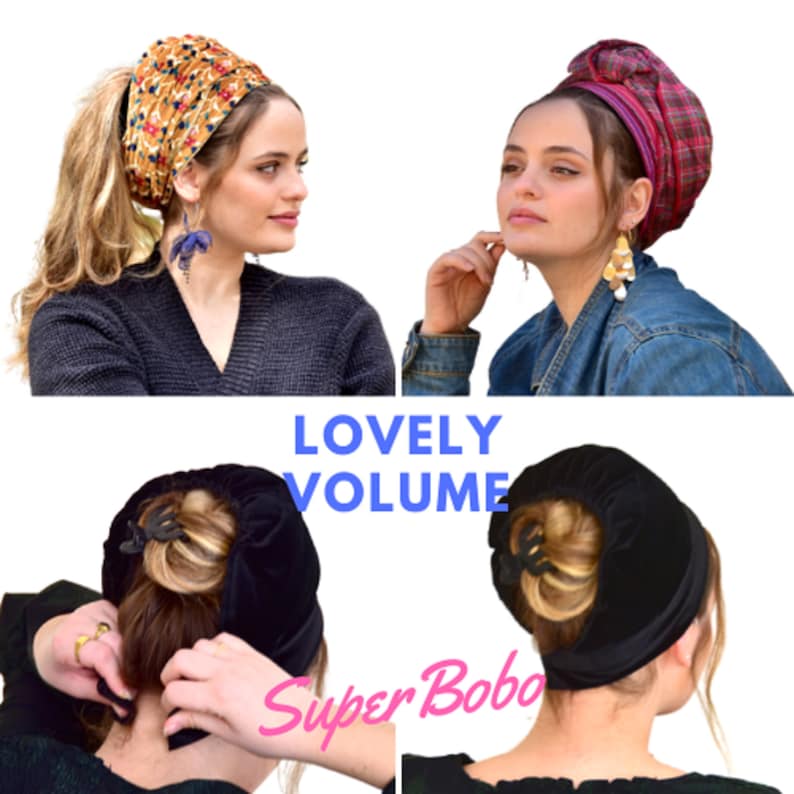 May include: Three women are wearing different styles of headbands. The first headband is a colorful floral print, the second is a plaid pattern, and the third is a black velvet headband. The text "LOVELY VOLUME" and "Super Bobo" is visible in the image.