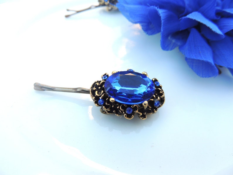 Royal Vintage Antique Style hair pin, bridal hairpin, jewelry, Bronze Hair Clip, Amazing Vintage Style Pin with Blue Stone, Bobby Pins image 3