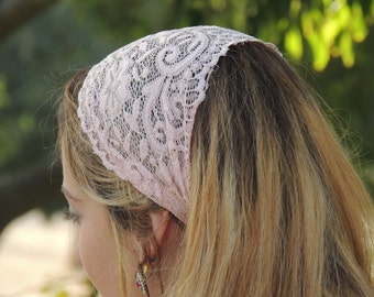 Stunning Pink Lace Headband Bandana, Tichel, Head Covering,scarf, Half Coveing, Pre-tied, Loss Hair