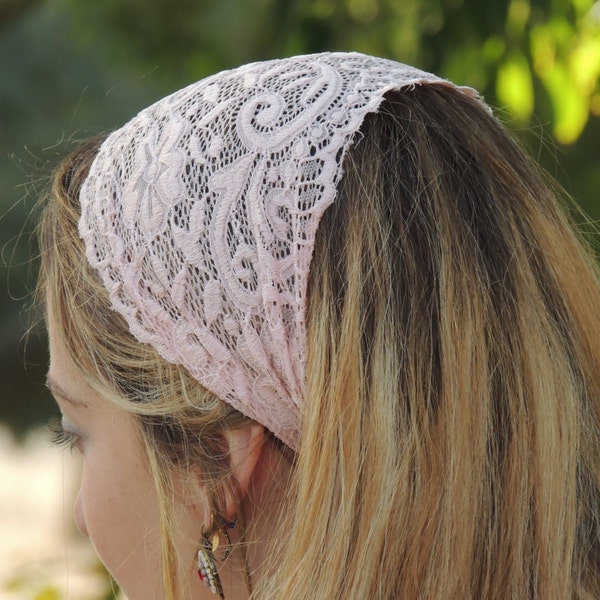 Superbe bandeau en dentelle rose Bandana, Tichel, Couvre-chef, foulard, Demi-coveing, Pré-attaché, Cheveux perdus