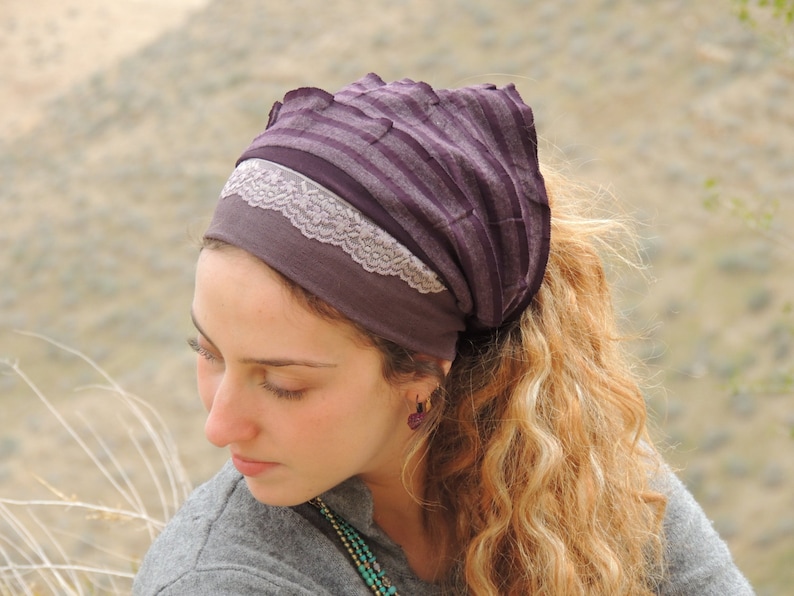 Special Purple Stripes Headband ,bandana,tichel,Hair Snood, Head Scarf,Head Covering,jewish headcovering,Scarf,Bandana,apron image 3