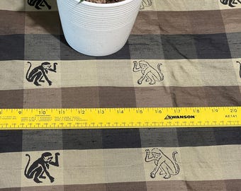 Buffalo Plaid/ Monkey Design Screen Printed, 100% Silk Shantung, By The Yard - Black/Olive/Burnt Gold!!!