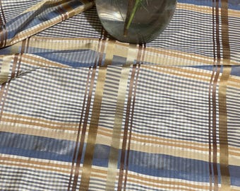 100% Silk Taffeta Plaid Fabric, Blues and Gold, By the Yard - Home Decor!!!