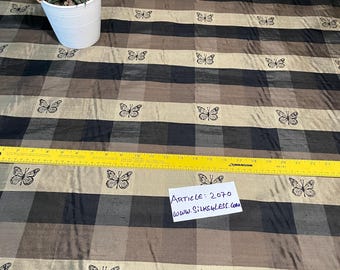 Buffalo Plaid 100% Silk Shantung, Butterfly Design Screen Printed, By The Yard - Black/Olive/Burnt Gold!!!