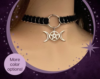 Wiccan Triple Moon Choker with witch pentacle | Celtic and Witchy Jewelry | Gothic Black Ribbon Chainmail Choker for the modern pagan witch