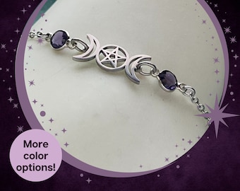 Three moon bracelet with Occult Pentagram and birthstone | Wicca and Witchy Chainmail bracelet | Mystical Pagan Witch Costume Jewelry