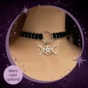 Wiccan Triple Moon Choker with witch pentacle | Celtic and Witchy Jewelry | Gothic Black Ribbon Chainmail Choker for the modern pagan witch