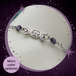 Three moon bracelet with Occult Pentagram and birthstone | Wicca and Witchy Chainmail bracelet | Mystical Pagan Witch Costume Jewelry