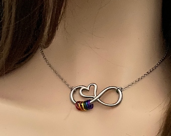 LGBT Infinity necklace with heart by Embellishmaille • Subtle rainbow jewelry • Locking options available • Queer pride necklace gift idea