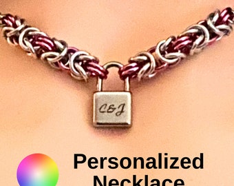 Personalized Couples Initials Necklace by Embellishmaille - Kink Padlock Charm Necklace - Subtle Submissive Collar - Dom Sub Discreet Collar
