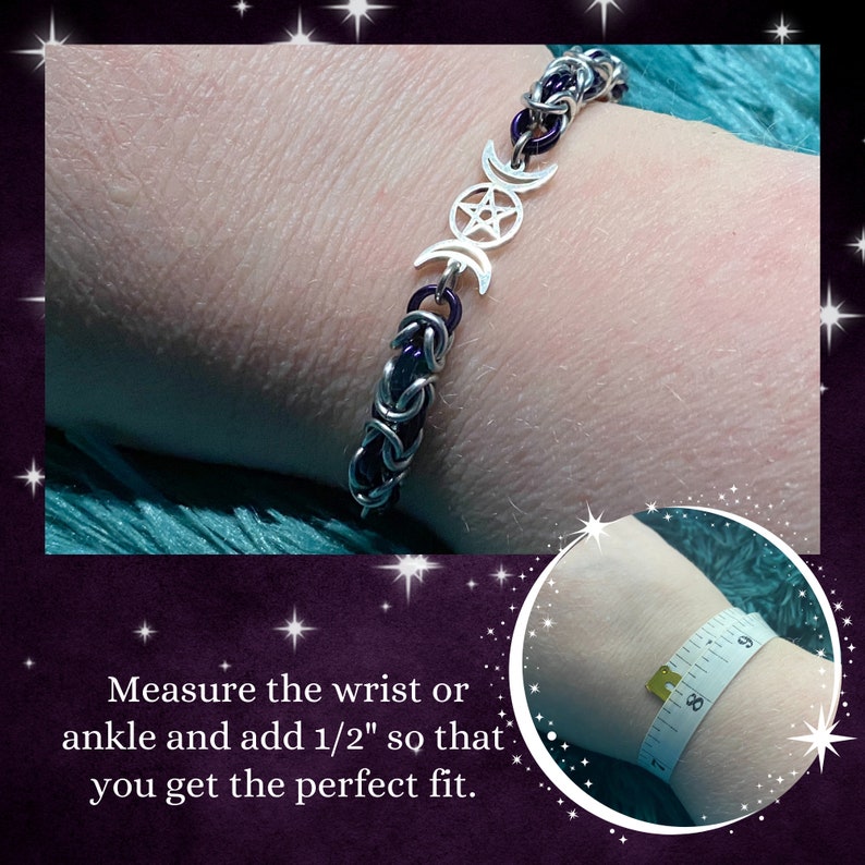 May include: A purple and silver chainmail bracelet with a silver triple moon and pentacle charm. The bracelet is shown on a person's wrist with a measuring tape.