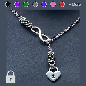 Locking Infinity and Heart Padlock Charm Y Necklace • Stainless Steel Lariat Necklace • Lockable Day Collar • Discreet Sub Collar Locking