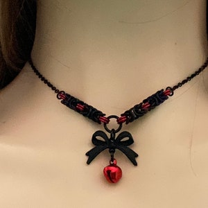 Black and red ribbon necklace with bell by Embellishmaille • Lolita necklace • Gothic accessory • Black ribbon bowtie • Cute DDlg Collar