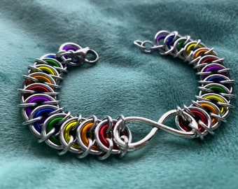 Rainbow Bracelet with Infinity symbol by Embellishmaille • LGBT Pride Anklet • Discreet LGBT Collar • Love is Love • Vertebrae Chainmail