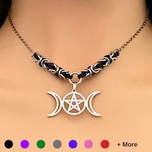 Triple Moon Wiccan Goddess Necklace by Embellishmaille • Dainty Wiccan Necklace • Minimalist Witchy jewelry •  Sacred Moon Pentacle Necklace