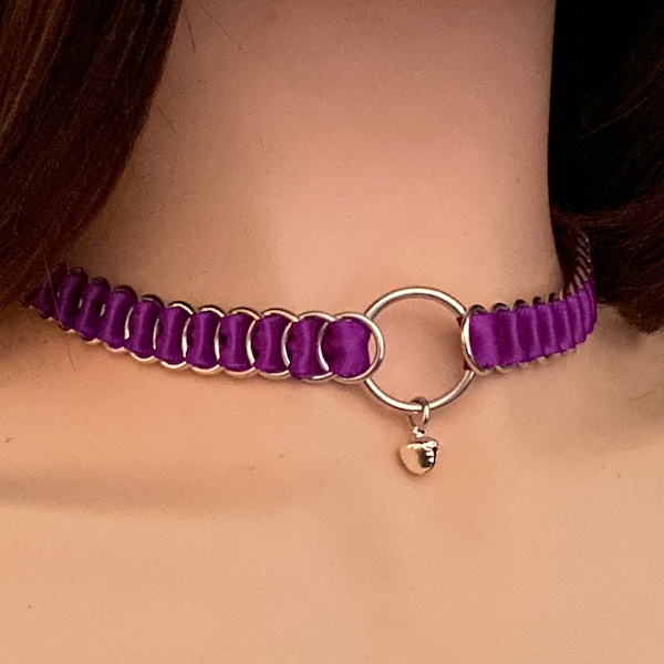 Purple Ribbon Choker with bell by Embellishmaille • Pet Day Collar • Pet Play Kink • Primal Prey Collar •Submissive Puppy Ownership Necklace